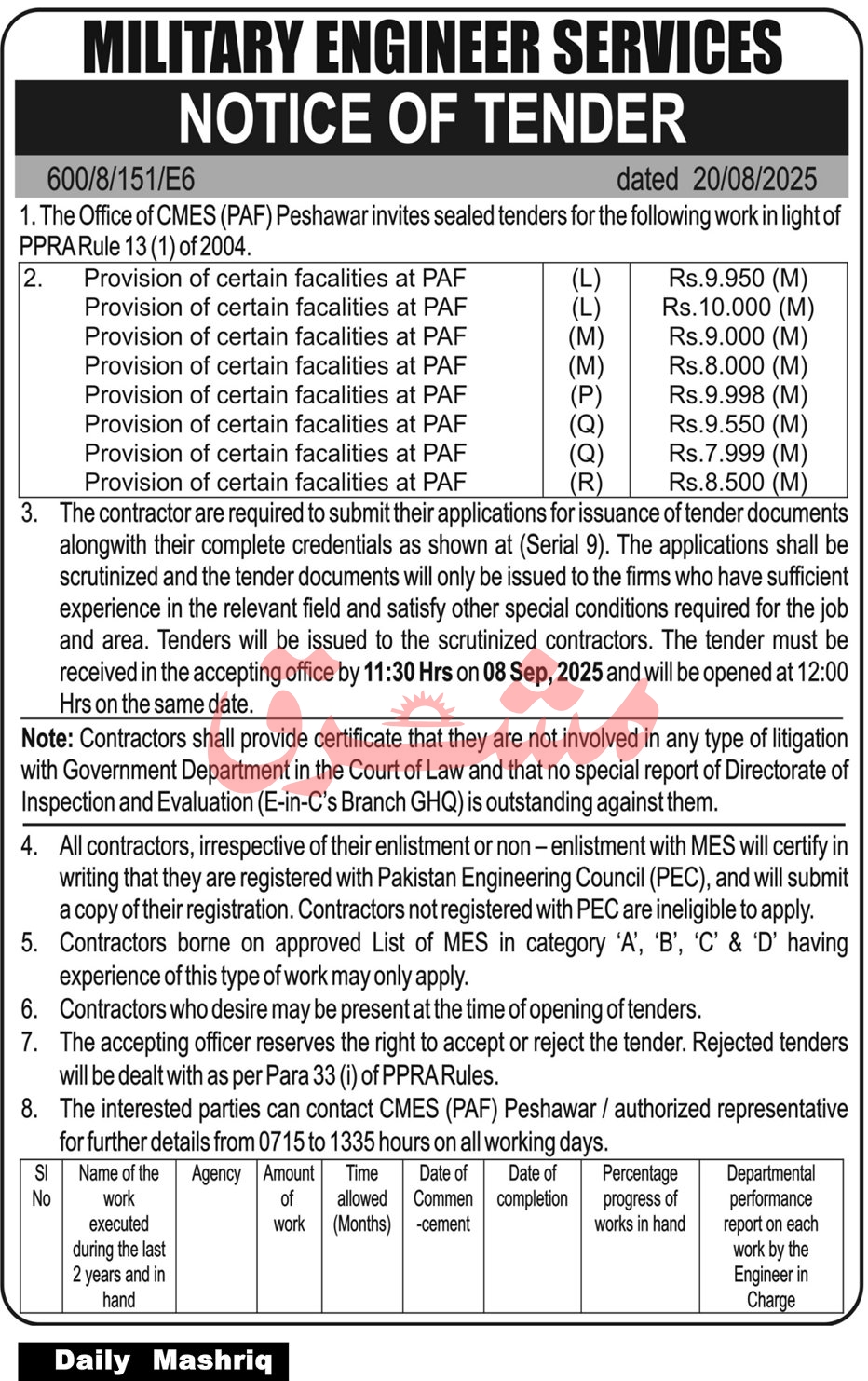 Military Engineering Services Tender Notice